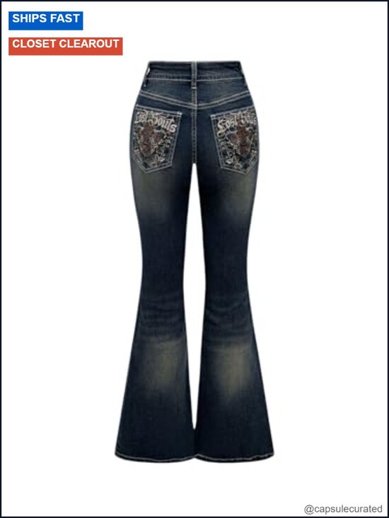 Denim - Bell Bottom Jeans Stretchy Embroidered Flared Y2K Goth High Waist Denim Pants